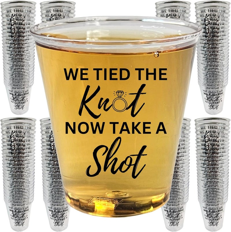 Cloverjoyed Disposable Plastic Wedding Shot Glasses, 200 Pack, 'We Tied the Knot Now Take a Shot' with Ring Design, Perfect for Weddings, Bridal Showers, Engagement Parties - Image 1